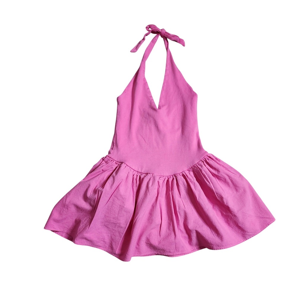 Zara Pink Halter Mini Dress Drop Waist Cotton Summer Sun Dress Womens Size S